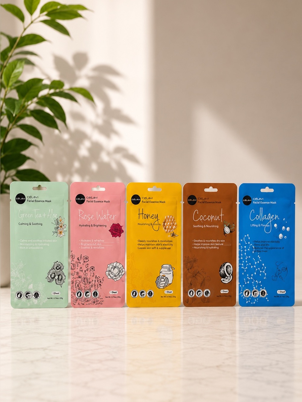 Célavi Korean Facial Sheet Mask Set Chamomile Rose H2O Honey Coconut Collagen